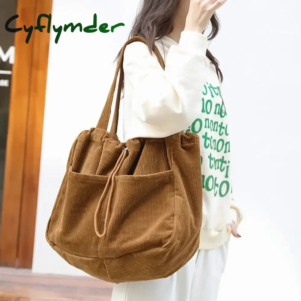 Cyflymder Simple Casual Totes Teenager Students Corduroy Shoulder Bag Women Large Drawstring Handbag Ladies Shopping