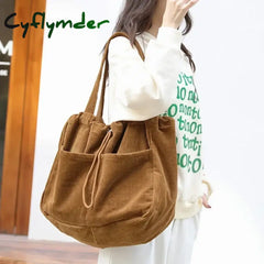 Cyflymder Simple Casual Totes Teenager Students Corduroy Shoulder Bag Women Large Drawstring Handbag Ladies Shopping