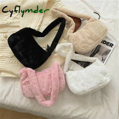 Cyflymder Simple Design Women Soft Plush Hobos Shoulder Bags Winter Furry Ladies Clutch Purse