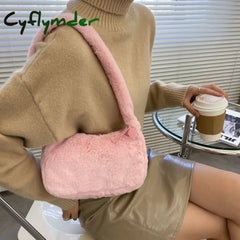 Cyflymder Simple Design Women Soft Plush Hobos Shoulder Bags Winter Furry Ladies Clutch Purse