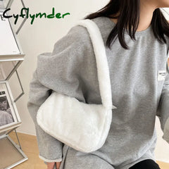 Cyflymder Simple Design Women Soft Plush Hobos Shoulder Bags Winter Furry Ladies Clutch Purse