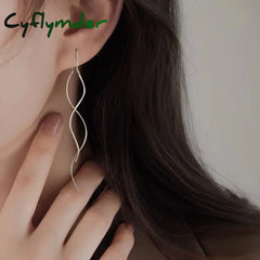 Cyflymder Simple Korean Wave Glossy Curved Bar Long Tassel Earrings For Women Color Geometric