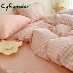 Cyflymder Simple Pink Stripe Bedding Set Washed Cotton Bed Flat Sheet Pillowcase Full Queen Bed Linen Adult Kids Duvet