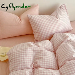 Cyflymder Simple Pink Stripe Bedding Set Washed Cotton Bed Flat Sheet Pillowcase Full Queen Bed Linen Adult Kids Duvet