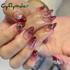 Cyflymder Simple Stiletto French Fake Nails For Valentine’s Day Almond Sweet False With Glue Full