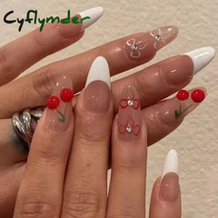 Cyflymder Simple Stiletto French Fake Nails For Valentine’s Day Almond Sweet False With Glue Full