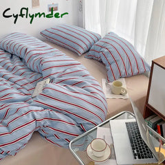 Cyflymder Simple Style Red And Blue Strip Duvet Cover Set Bed Sheet Set Washed Cotton Bedding Set
