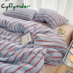 Cyflymder Simple Style Red And Blue Strip Duvet Cover Set Bed Sheet Set Washed Cotton Bedding Set
