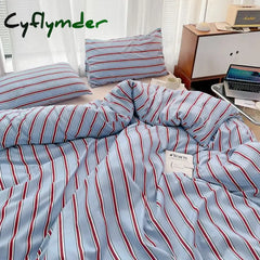 Cyflymder Simple Style Red And Blue Strip Duvet Cover Set Bed Sheet Set Washed Cotton Bedding Set