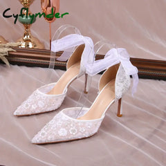 Cyflymder Size 33-42 Summer Beaded Women White Wedding Shoes Ankle Strap Pointed High Heel Pumps