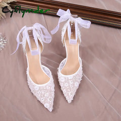 Cyflymder Size 33-42 Summer Beaded Women White Wedding Shoes Ankle Strap Pointed High Heel Pumps