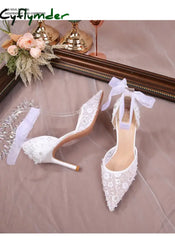 Cyflymder Size 33-42 Summer Beaded Women White Wedding Shoes Ankle Strap Pointed High Heel Pumps