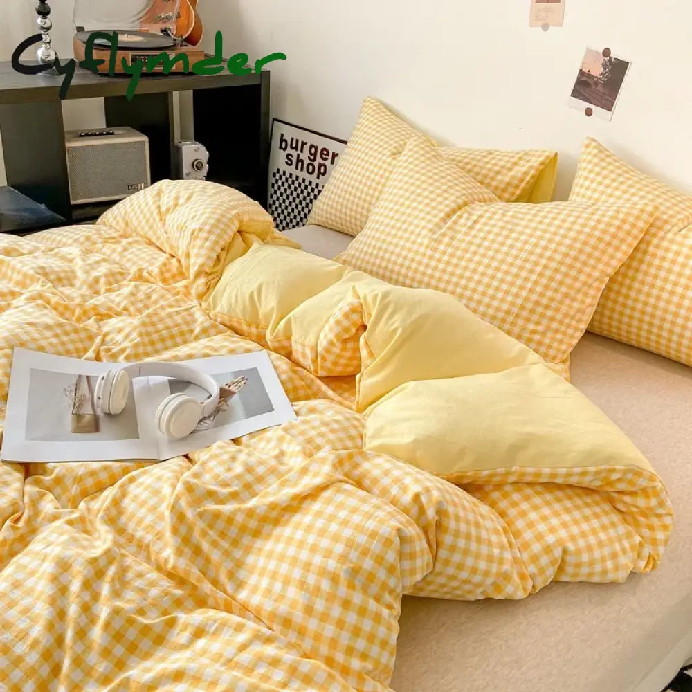 Cyflymder Skin Friendly Bed Cover New Japanese Single Quilt Simple Check Washed Cotton Home Double-sided Duvet (no