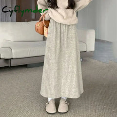 Cyflymder skirt outfits winter Autumn Winter New Thicken Plush A-line Skirts Wowen Solid Casual High Waisted Long Skirt
