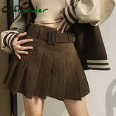 Cyflymder skirt outfits winter Corduroy Pleated Mini Skirt with Belt for Women Vintage Academy School Skirt Autumn