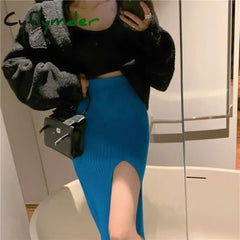 Cyflymder skirt outfits winter Sexy Split Bodycon Long Skirt Women Elegant Slim Fit High-Waisted Knitted Skirts Woman