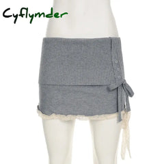 Cyflymder skirt outfits winter Y2K Grey Contrast Lace Patchwork Knitted Skirt for Autumn Winter Kawaii Bodycon Low