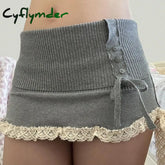 Cyflymder skirt outfits winter Y2K Grey Contrast Lace Patchwork Knitted Skirt for Autumn Winter Kawaii Bodycon Low