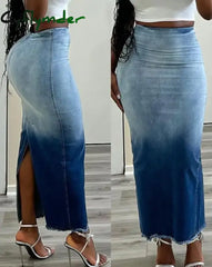 Cyflymder Skirts for Elegant Women Tie Dye Print Raw Hem Denim Short Dress Fashion Casual Slit Commuting Half-body