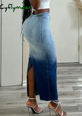 Cyflymder Skirts for Elegant Women Tie Dye Print Raw Hem Denim Short Dress Fashion Casual Slit Commuting Half-body