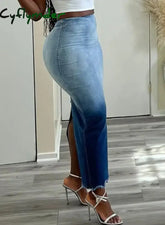 Cyflymder Skirts for Elegant Women Tie Dye Print Raw Hem Denim Short Dress Fashion Casual Slit Commuting Half-body