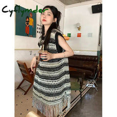 Cyflymder Sleeveless Knitted Vest Women Striped Hollow Out Tassel Sweaters Vintage Harajuku Casual