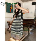 Sleeveless Knitted Vest Women Striped Hollow Out Tassel Sweaters Vintage Harajuku Casual Outwear Korean Loose Jumpers Coat