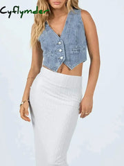 Cyflymder Sleeveless Slim Jeans Jacket Waistcoats Casual Tops Single Breasted Women Denim Jacket Vest Short Outerwear