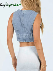 Cyflymder Sleeveless Slim Jeans Jacket Waistcoats Casual Tops Single Breasted Women Denim Jacket Vest Short Outerwear