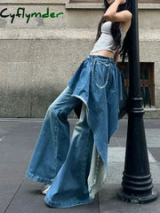 Cyflymder Slightly Fat Spice Girl Design Sense Irregular Splicing Jeans Women Autumn and Winter New Fake Two-piece Thin