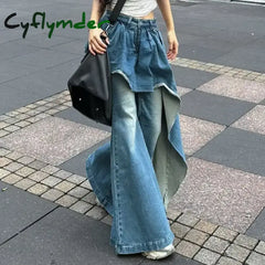 Cyflymder Slightly Fat Spice Girl Design Sense Irregular Splicing Jeans Women Autumn and Winter New Fake Two-piece Thin