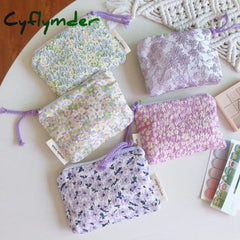 Cyflymder Small Fabric Cosmetic Makeup Bag Mini Cotton Floral Organizer Bags For Women Little Purse