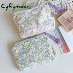 Cyflymder Small Fabric Cosmetic Makeup Bag Mini Cotton Floral Organizer Bags For Women Little Purse