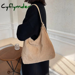 Cyflymder Soft Plush Double Strap Shoulder Bag For Women Winter Warm Faux Fur Shopper Bags Female