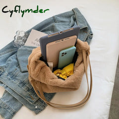 Cyflymder Soft Plush Double Strap Shoulder Bag For Women Winter Warm Faux Fur Shopper Bags Female