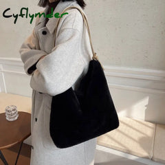 Cyflymder Soft Plush Double Strap Shoulder Bag For Women Winter Warm Faux Fur Shopper Bags Female