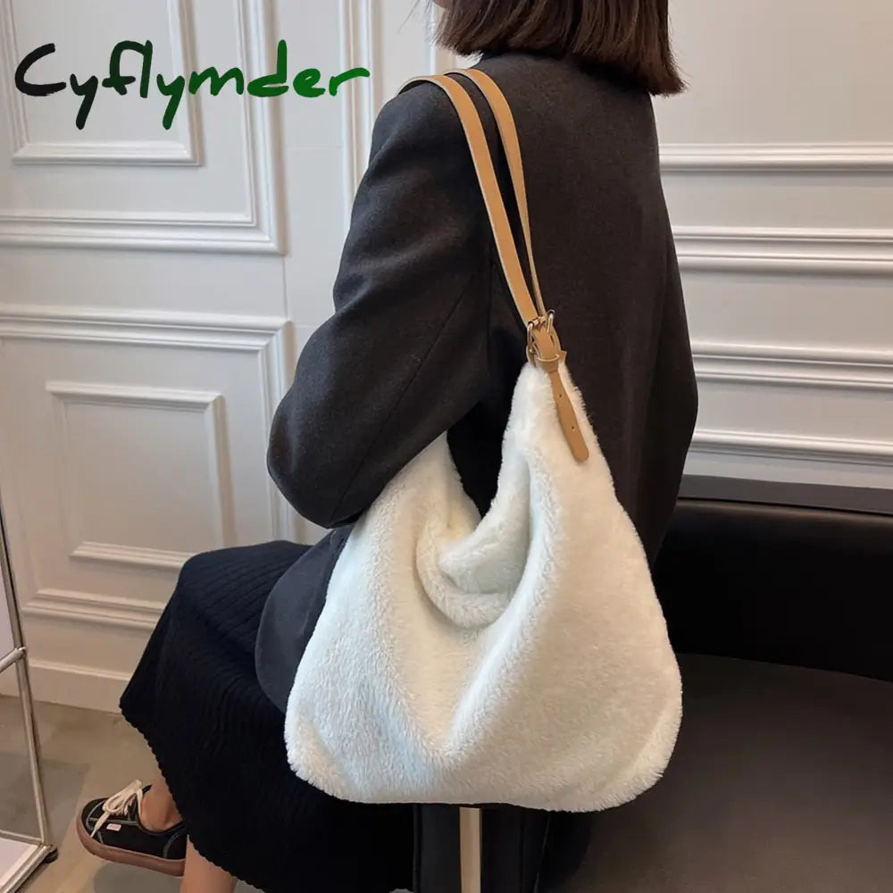 Cyflymder Soft Plush Double Strap Shoulder Bag For Women Winter Warm Faux Fur Shopper Bags Female