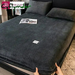Cyflymder Soft Warm Plush Fitted Sheet Elastic Mattress Cover Fluffy Coral Fleece Bed Linen Winter Couple Luxury Double