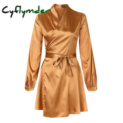 Cyflymder Soild Color Female Dress Autumn Long Sleeve Stand Collar Dresses Sexy Open Front Tie