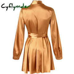 Cyflymder Soild Color Female Dress Autumn Long Sleeve Stand Collar Dresses Sexy Open Front Tie