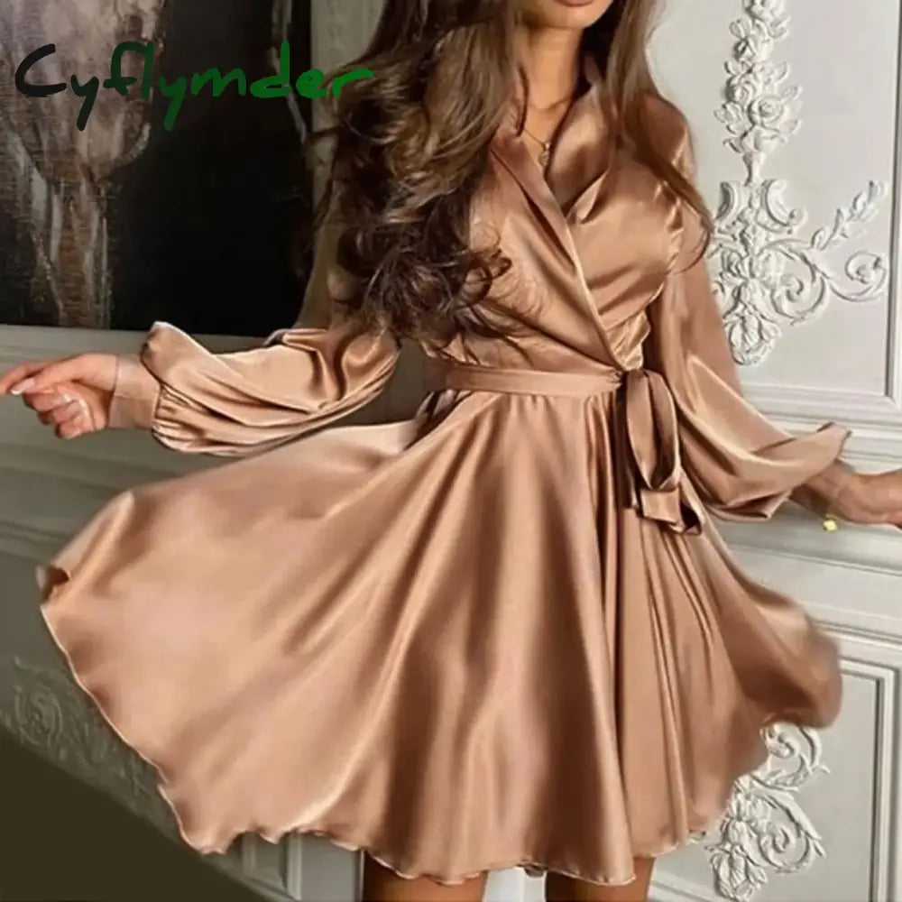 Soild Color Female Dress Autumn Long Sleeve Stand Collar Dresses Sexy Open Front Tie Flowy Dress For Womens Party платье женское