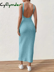 Solid Backless Tank Dress,Summer new sexy backless mid-length knitted sleeveless dress Cyflymder