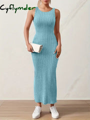 Solid Backless Tank Dress,Summer new sexy backless mid-length knitted sleeveless dress Cyflymder