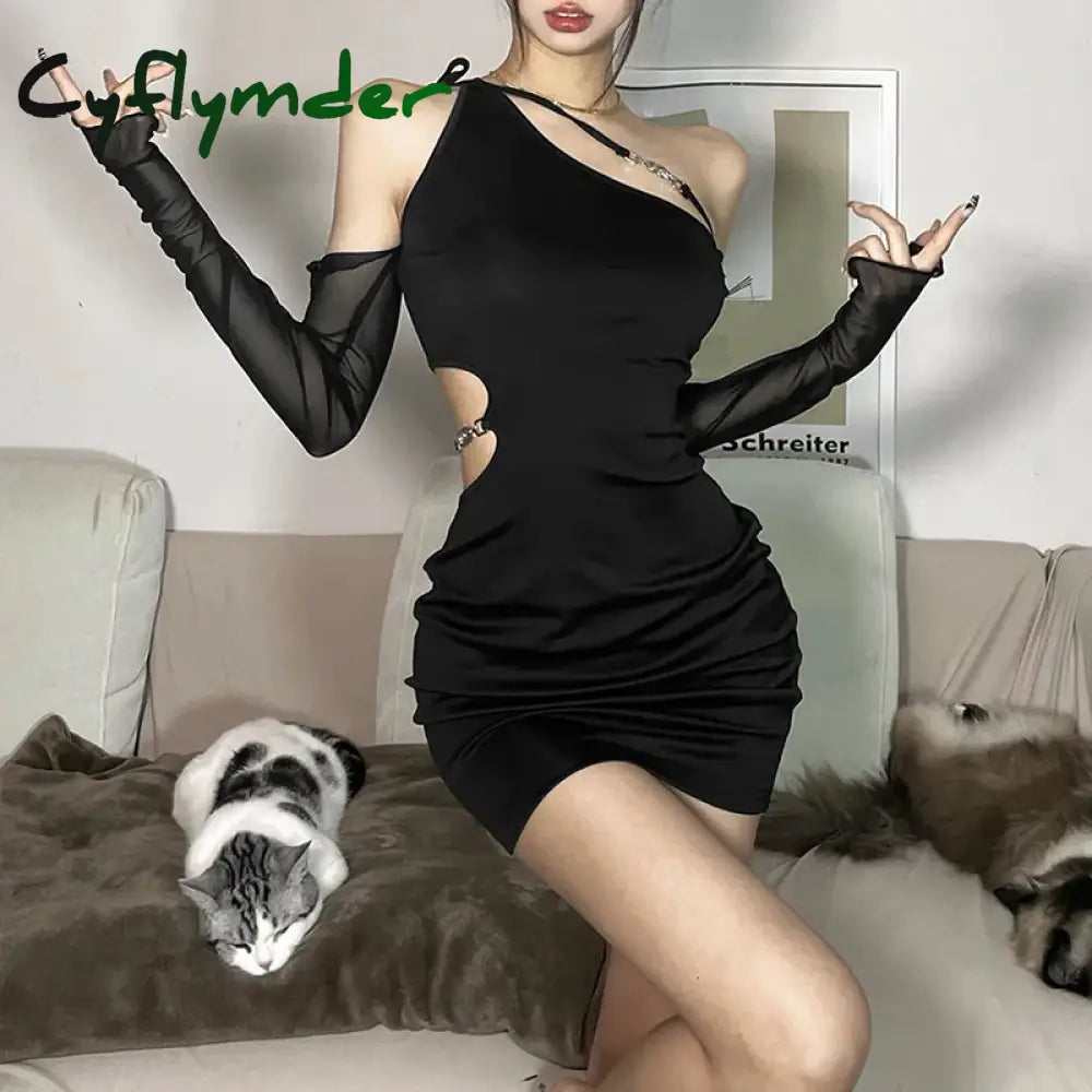 Cyflymder Solid Color Elastic Sexy Feminine Hollow Fashion Mature Senior Party Elegant Cool Tight Women’s Dress With