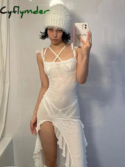 Cyflymder Solid Colour Mesh Slightly Transparent Sexy Dress Fashion Lacing Dresses Casual Square