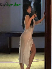 Cyflymder Solid Colour Mesh Slightly Transparent Sexy Dress Fashion Lacing Dresses Casual Square