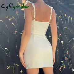 Cyflymder Solid Deep V-neck Sleeveless Dress Summer Elegant Women Ruffles Split Mini Dresses Sexy Slim Party Clubwear