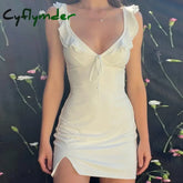 Cyflymder Solid Deep V-neck Sleeveless Dress Summer Elegant Women Ruffles Split Mini Dresses Sexy Slim Party Clubwear