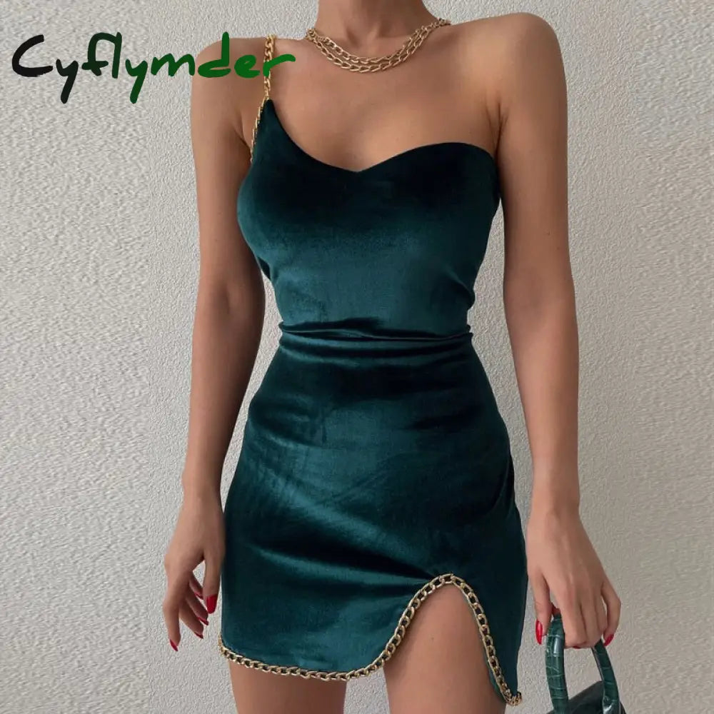 Cyflymder Solid Elegant Dress Velvet Chain Strap Mini Clubnight Patchwork Sheath Streetwear Party