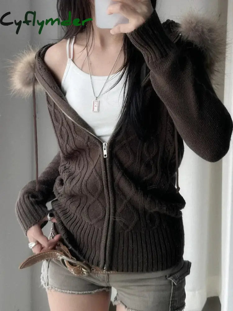 Cyflymder Solid Hooded Knitted Autumn Winter New Sweater Cardigan Women Long Sleeve Retro Causal Style Korean Sweater
